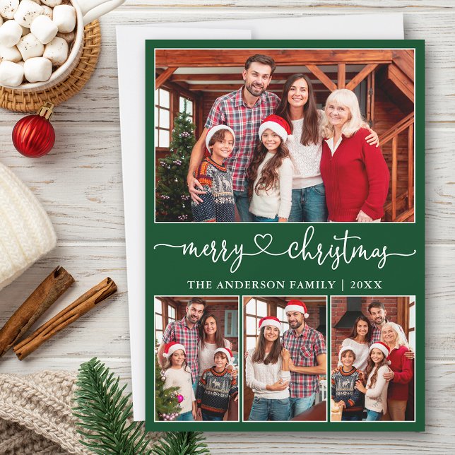 Calligraphy Heart 4 Photo Merry Christmas Green Holiday Card (Customize to add text to back of card or to change background color of card.)