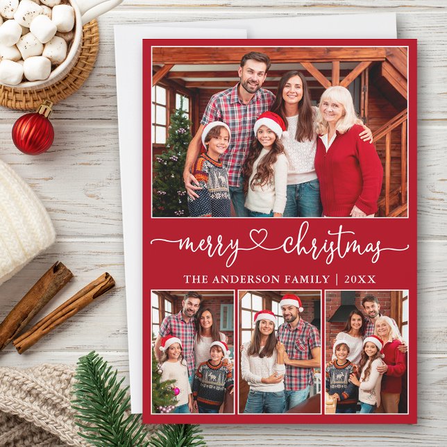 Calligraphy Heart 4 Photo Merry Christmas Red Holiday Card (Customize to add text to back of card or to change background color of card.)