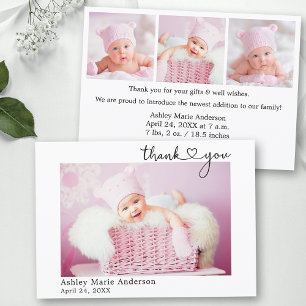 Calligraphy Heart  4 Photo New Baby Thank You Card