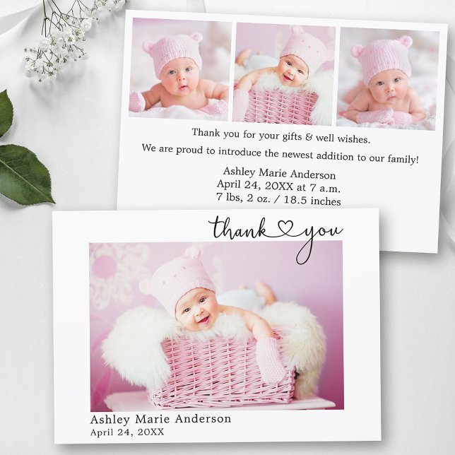 Calligraphy Heart  4 Photo New Baby Thank You Card (Customize to change your personalized text size or text style.)