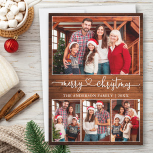Calligraphy Heart 4 Photo Wood Merry Christmas Holiday Card