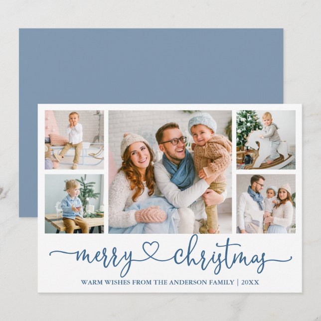 Calligraphy Heart 5 Photo Christmas Dusty Blue Holiday Card (Front/Back)