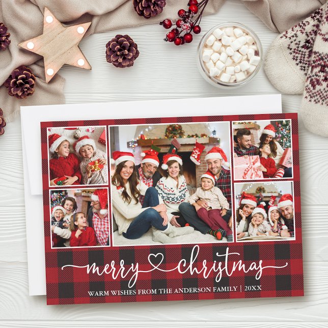 Calligraphy Heart 5 Photo Christmas Red Plaid Holiday Card (Customize to add text to back of card.)