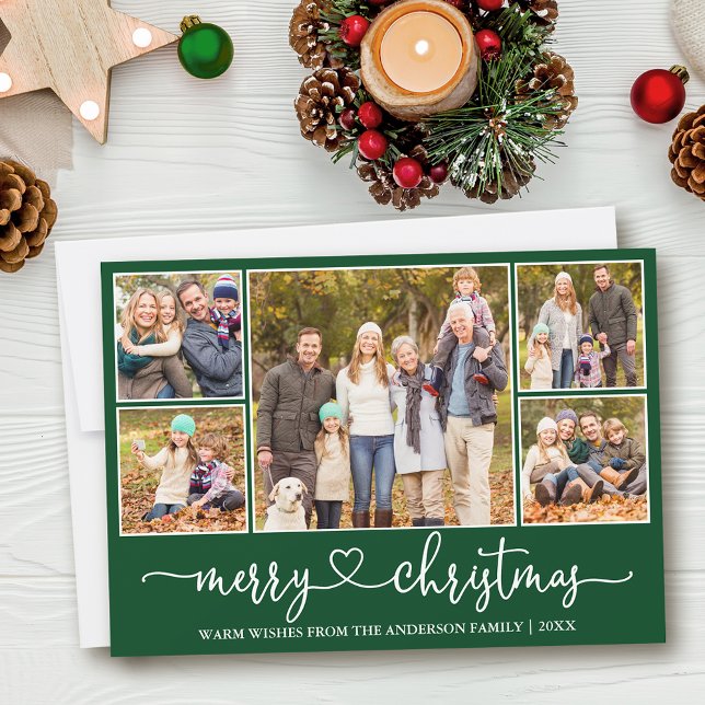 Calligraphy Heart 5 Photo Merry Christmas Green Holiday Card (Customize to add text to back of card or to change background color of card.)