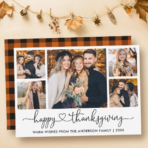 Calligraphy Heart 5 Photo Plaid Thanksgiving Holiday Card