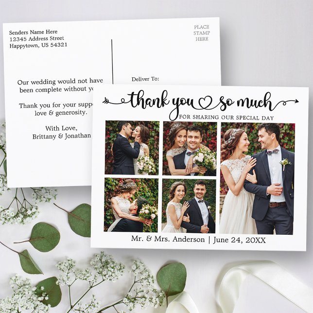 Calligraphy Heart 5 Photos Wedding Thank You Postcard (Customize to change your personalized text size or text style.)