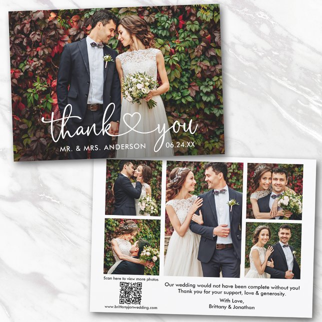 Calligraphy Heart 6 Photos QR Code Wedding Thank You Card (Add your wedding website link to the QR Code so guests can scan & view more of your photos online.)