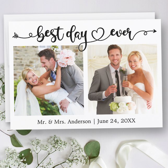 Calligraphy Heart Best Day Ever 2 Photo Wedding Thank You Card (Customize to change your personalized text size or text style.)