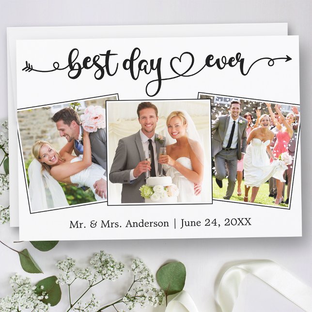 Calligraphy Heart Best Day Ever 3 Photos Wedding Thank You Card (Customize to change your personalized text size or text style.)