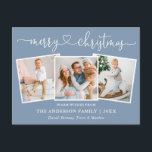 Calligraphy Heart Christmas 3 Photo Dusty Blue Postcard<br><div class="desc">Modern Calligraphy Heart Script Merry Christmas 3 Photo Holiday Postcard - Dusty Blue</div>