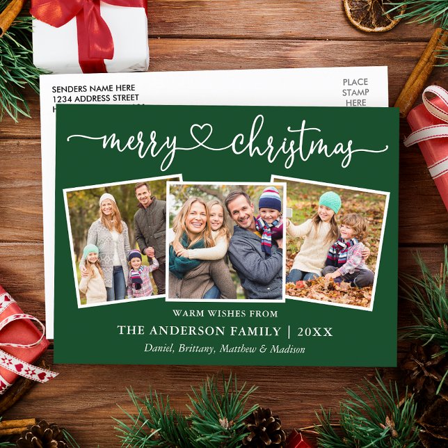 Calligraphy Heart Christmas 3 Photo Green Postcard (Customize to change your personalized text size or text style.)