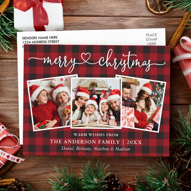 Calligraphy Heart Christmas 3 Photo Red Plaid Postcard (Customize to change your personalized text size or text style.)