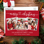 Calligraphy Heart Christmas 3 Photo Red Postcard<br><div class="desc">Modern Calligraphy Heart Script Merry Christmas 3 Photo Holiday Postcard - Red</div>