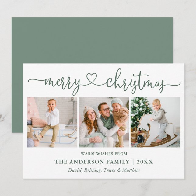 Calligraphy Heart Christmas 3 Photo Sage Green Holiday Card (Front/Back)