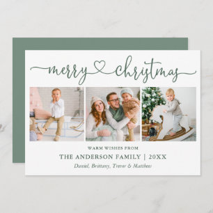 Calligraphy Heart Christmas 3 Photo Sage Green Holiday Card