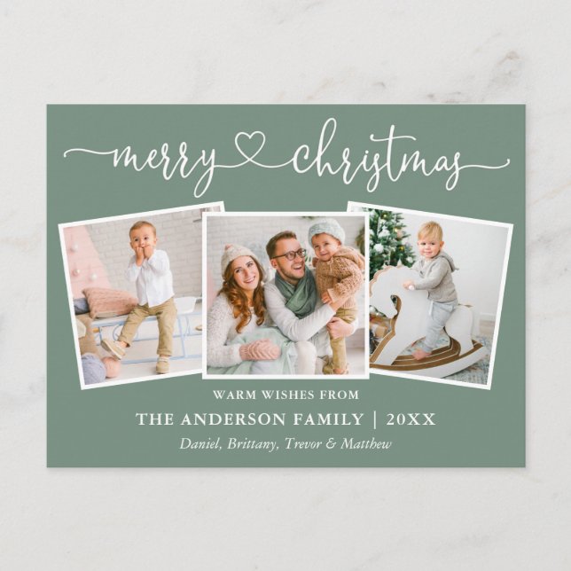 Calligraphy Heart Christmas 3 Photo Sage Green Postcard (Front)