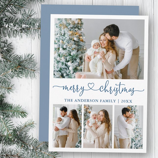 Calligraphy Heart Christmas 4 Photo Dusty Blue Holiday Card (Customize to add text to back of card.)