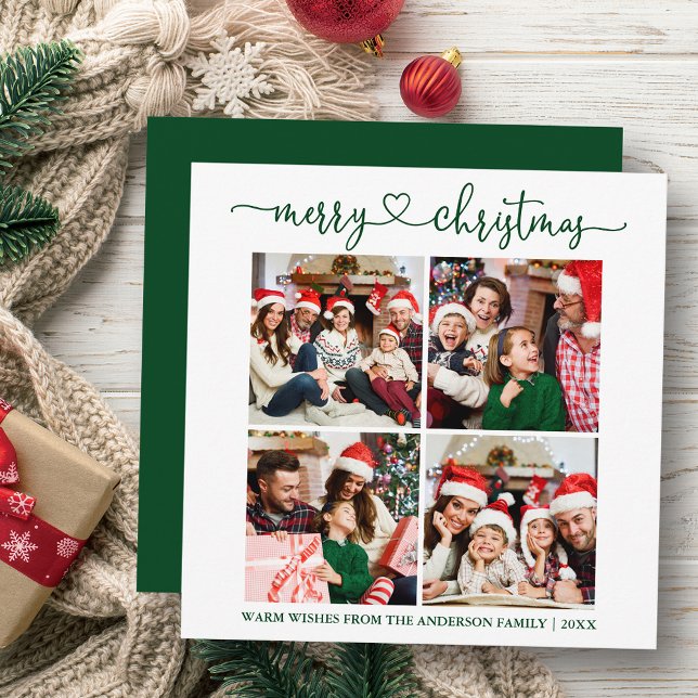 Calligraphy Heart Christmas 4 Photo Green Square Holiday Card (Customize to change your personalized text size or text style.)