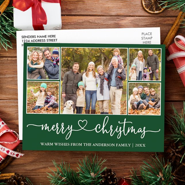 Calligraphy Heart Christmas 5 Photo Green Holiday Postcard (Customize to change your personalized text size or text style.)