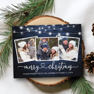 Calligraphy Heart Christmas Blue Wood Lights Postcard