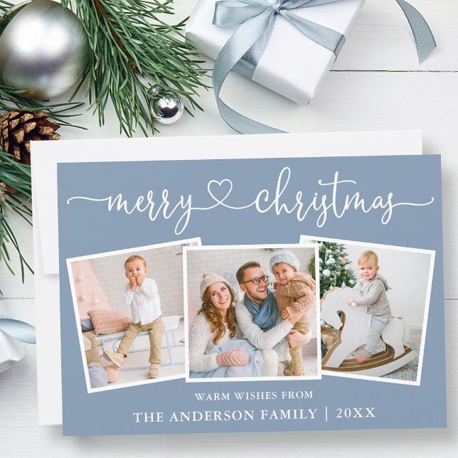 Calligraphy Heart Christmas Dusty Blue 3 Photo Holiday Card (Customize to change your personalized text size or text style.)