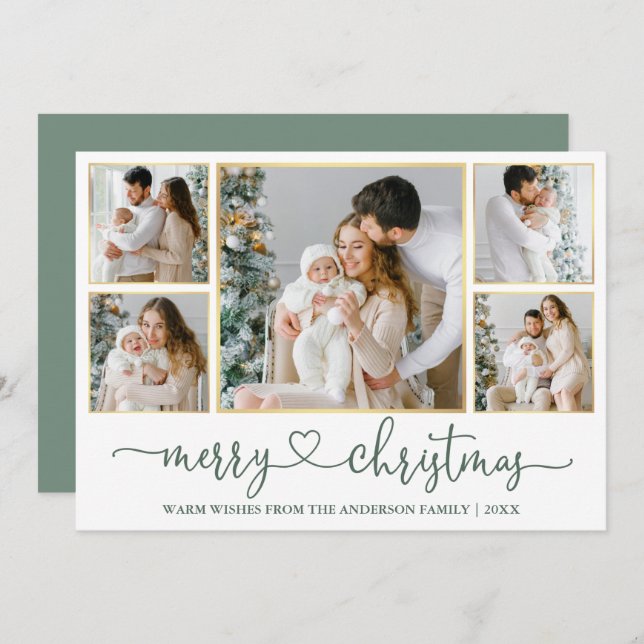 Calligraphy Heart Christmas Gold Sage Green Photo Holiday Card (Front/Back)