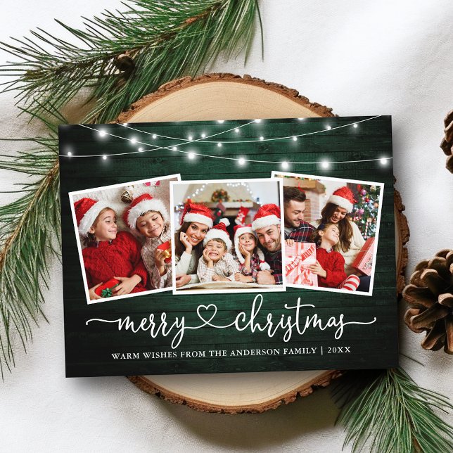 Calligraphy Heart Christmas Green Wood Lights Postcard (Customize to change your personalized text size or text style.)