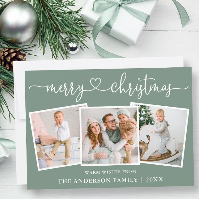 Calligraphy Heart Christmas Sage Green 3 Photo Holiday Card (Customize to change your personalized text size or text style.)