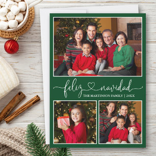 Calligraphy Heart Feliz Navidad Green 3 Photo Holiday Card