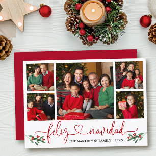 Calligraphy Heart Feliz Navidad Holly Red Holiday Card