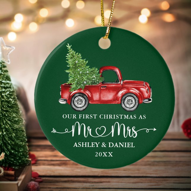 Calligraphy Heart First Christmas Red Truck Green Ceramic Tree Decoration (Calligraphy Script Heart Mr. & Mrs. Our First Christmas Vintage Truck Ornament)
