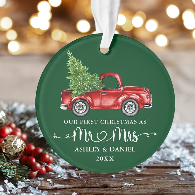 Calligraphy Heart First Christmas Red Truck Green Ornament (Calligraphy Script Heart Mr. & Mrs. Our First Christmas Vintage Truck Ornament)