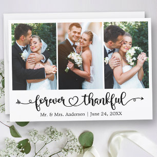 Calligraphy Heart Forever Thankful 3 Photo Wedding Thank You Card