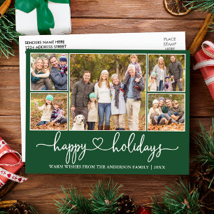 Calligraphy Heart Happy Holidays 5 Photo Green Postcard