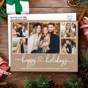 Calligraphy Heart Happy Holidays Kraft 5 Photo Postcard