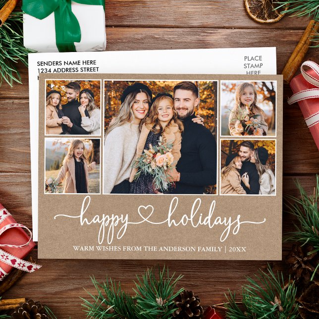 Calligraphy Heart Happy Holidays Kraft 5 Photo Postcard (Customize to change your personalized text size or text style.)