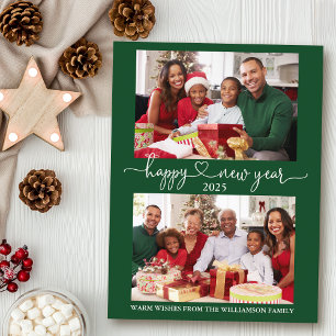 Calligraphy Heart Happy New Year Green 2 Photo Postcard