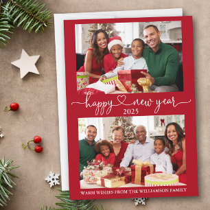 Calligraphy Heart Happy New Year Red 2 Photo Holiday Card