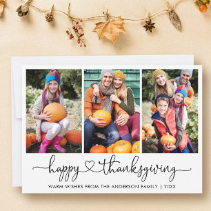 Calligraphy Heart Happy Thanksgiving 3 Photo Holiday Card
