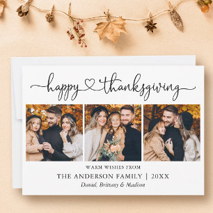 Calligraphy Heart Happy Thanksgiving 3 Photos Holiday Card