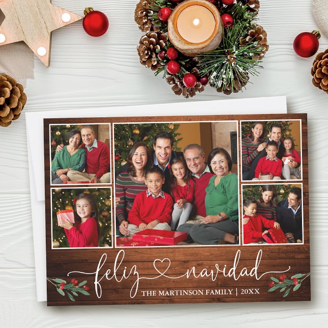 Calligraphy Heart Holly Wood Feliz Navidad Holiday Card (Customize to add text to back of card.)