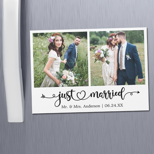 Calligraphy Heart Just Married 2 Photo Magnet Card (Customize to change your personalized text size or text style.)