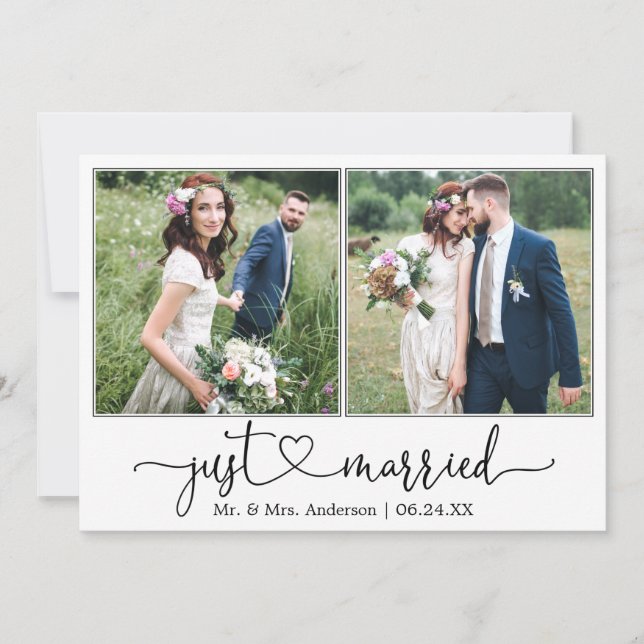 Calligraphy Heart Just Married 2 Photo Wedding Announcement (Front)