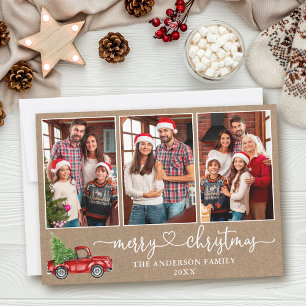 Calligraphy Heart Kraft 3 Photo Christmas Truck Holiday Card