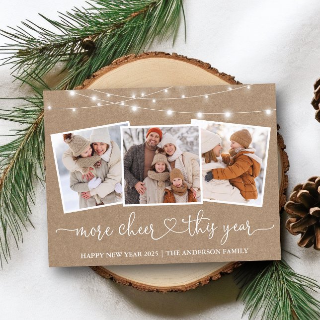 Calligraphy Heart Lights Kraft More Cheer 3 Photo Postcard (Customize to change your personalized text size or text style.)