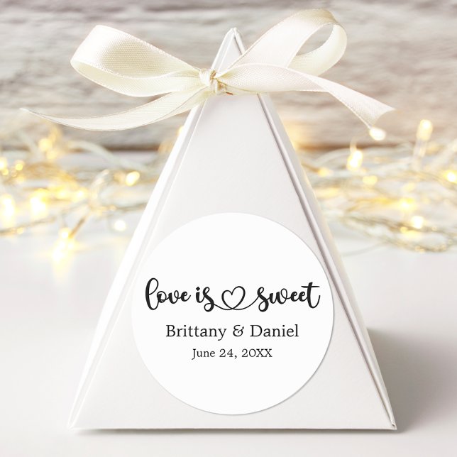 Calligraphy Heart Love Is Sweet Wedding Favour Classic Round Sticker (Customize to change your personalized text size, text style or to add more text.)