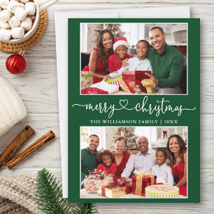 Calligraphy Heart Merry Christmas Green 2 Photo Holiday Card