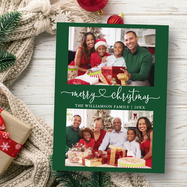 Calligraphy Heart Merry Christmas Green 2 Photo Postcard (Customize to change your personalized text size or text style.)