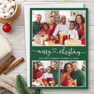 Calligraphy Heart Merry Christmas Green 3 Photo Holiday Card