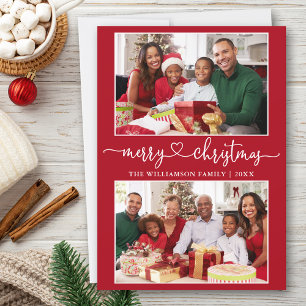 Calligraphy Heart Merry Christmas Red 2 Photo Holiday Card